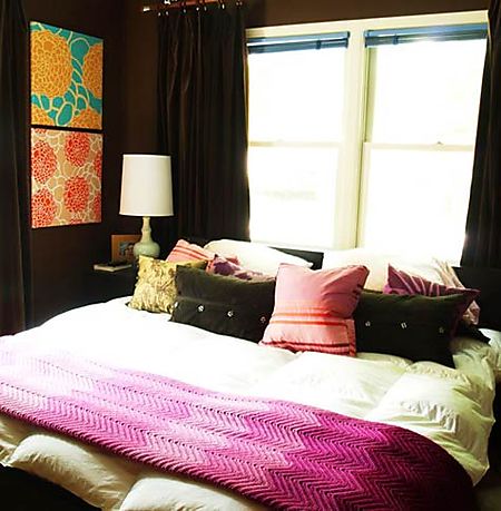 Dark walls + fabric on canvases - stunning