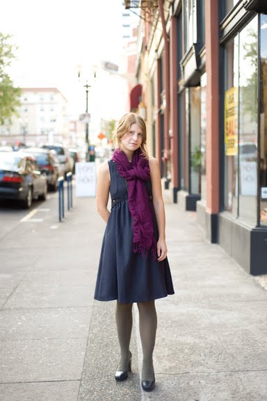 Blue dress + raspberry purple scarf